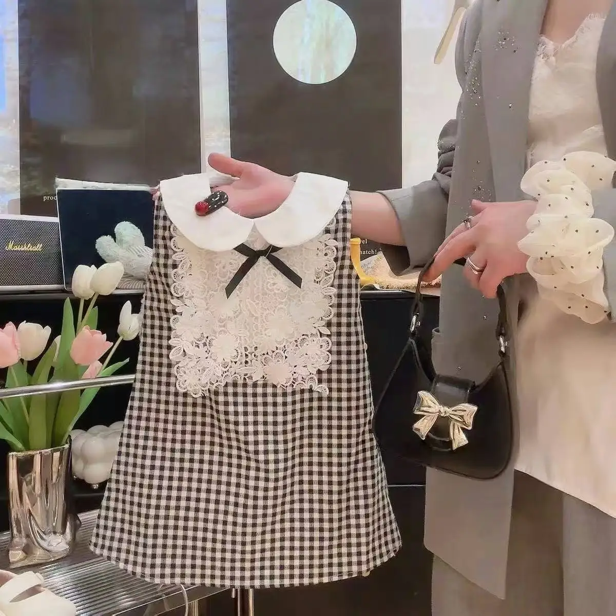 Girls' French Style Peter Pan Collar Lace Dress Checkered Princess Summer 2025 New Design Elegant