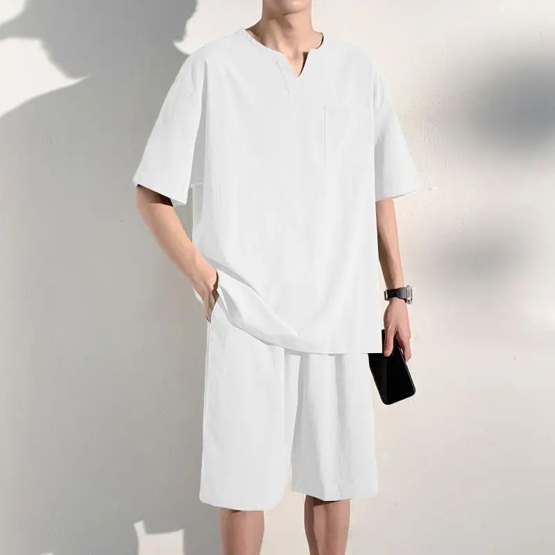 

2026 Summer Men's Chinese Style Loose V Neck T Shirt Shorts Set Plus Size Sportswear Two Piece Hong Kong Style Outfit