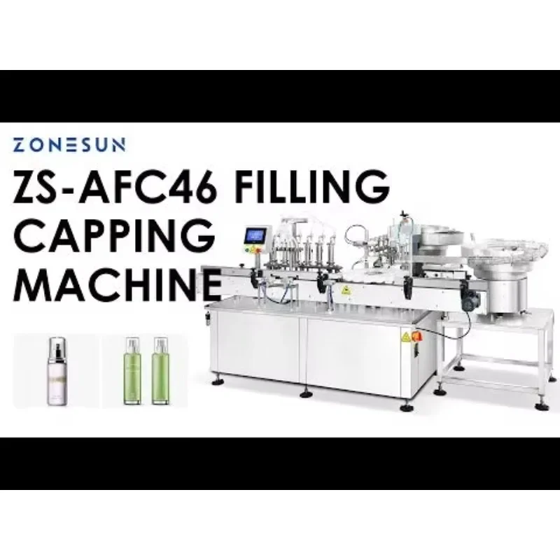 ZONESUN ZS-AFC46 Machine de capsulage de remplissage de bouteilles de pulvérisation de brume corporelle de parfum automatique monobloc |   Pompe à piston servo |   30-40 BPM