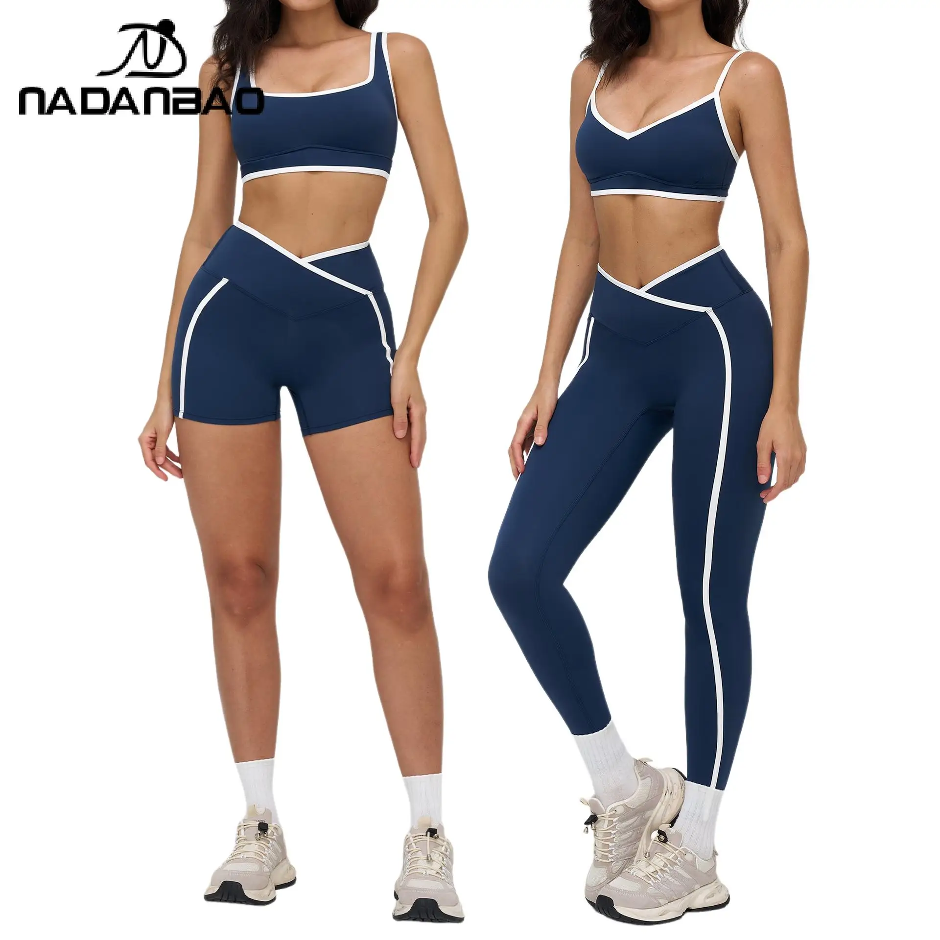 

Nadanbao Fashion Naked Yoga Suit Women Sleeveless Bra Cross Waist Shorts Soft stretchy Pants Outdoor Sports Suit Running Fitness