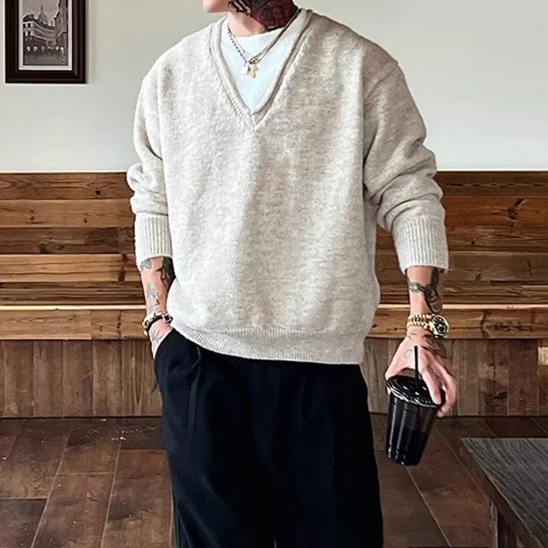 مزدوجة الطبقات المرقعة البلوزات الرجال Vintage سليم كم طويل الحياكة تي شيرت رجالي 2026 ربيع الخريف العصرية متماسكة البلوز القمم