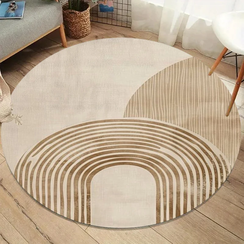 Wabi-Sabi Geometric Line Round Area Rug, Beige White Modern Non-Slip Floor Mat, Living Room Kids Room Decor Carpet  Area Rug