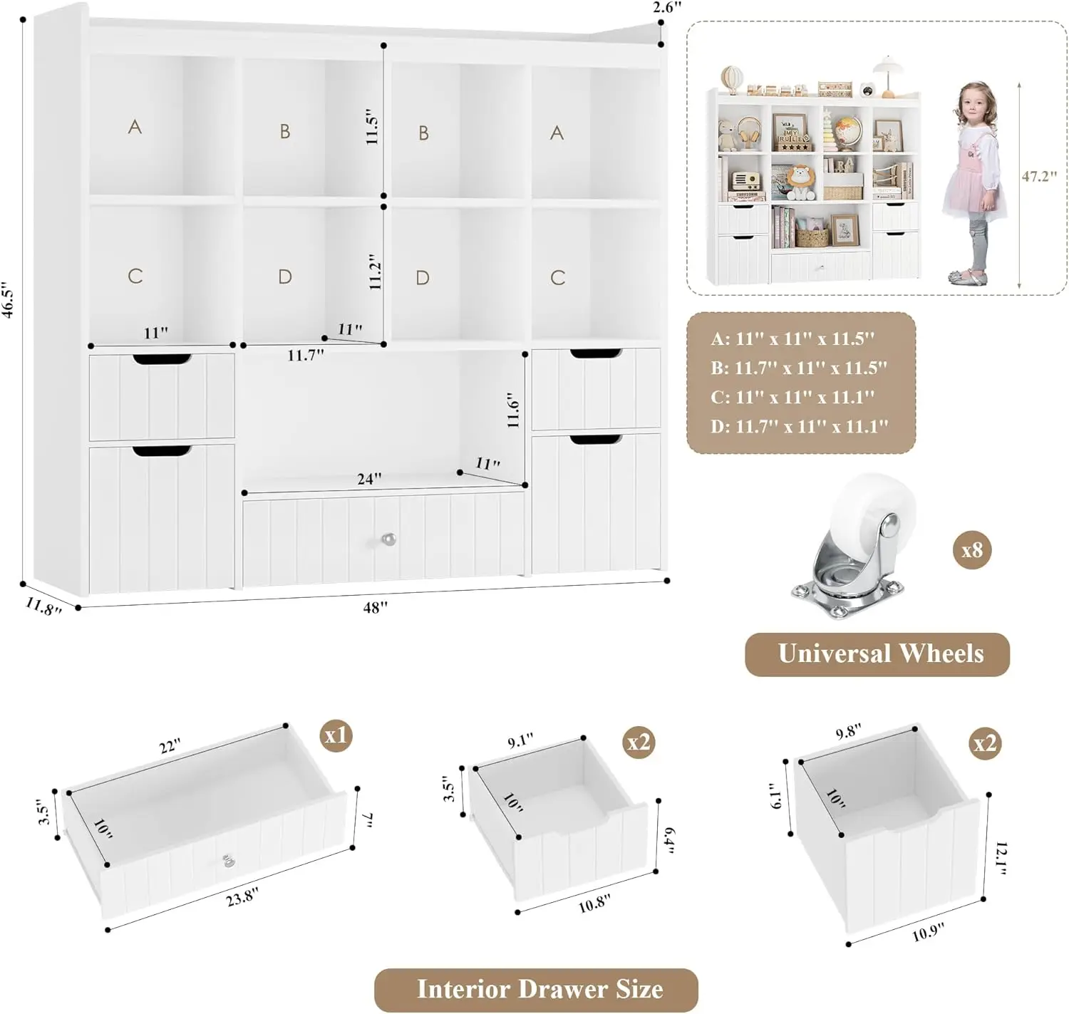 Large 48W Kids Toy Storage Organizer with Removable Bins, Bookshelf and Drawers