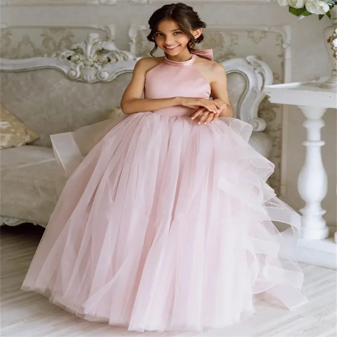 

Wedding Birthday Party Pink Tulle Puffy Tiered With Bow And Tailing Sleeveless For First Communion Gowns Flower Girl Dresses