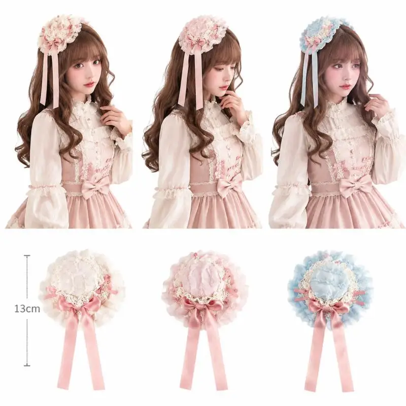 Women Lolita Bonnet Hat Vintage Mini Ruffled Lace Floral Headpiece Pink Ribbon Bow Sweet Kawaii Hair Accessory Cosplay Costume