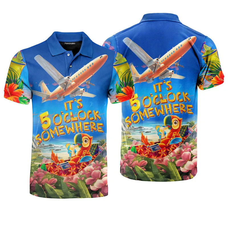 

Funny Hawaii Parrot Polo Shirt Afternoon Tea Time Theme Design Loose Lapel Golf Shirts Daily Casual Fun Summer Fashion Tops
