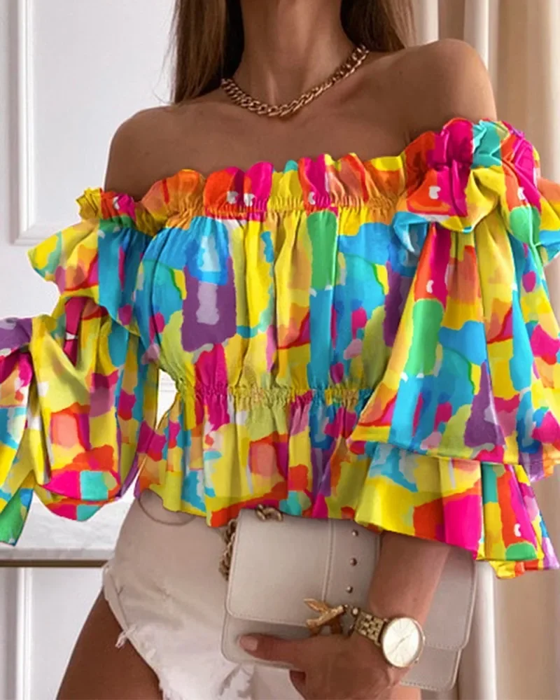 

Floral Print Off The Shoulde Lantern Sleeve Top Chic Blouses Summer Top Women Sexy Pleated Crop Tops Femme Blusas Beach Блузки