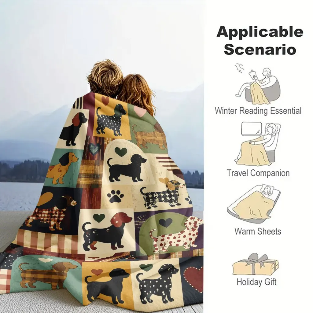 Cute Patchwork Dachshund Dog Print Flannel Blanket, Soft Warm Bed Blanket for Sofa Bedroom Camping Pet Lover Gift