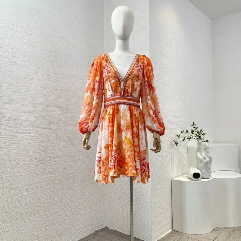 

Women Elegant Silk Mini Dress Orange Flower Print Diamonds Pressed Long Lantern Sleeve V-neck High Quality Dresses for Holiday