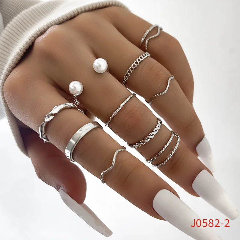 

ins cold wind, personality trend simple wave twist opening pearl joint ring 10 ten-piece ring set