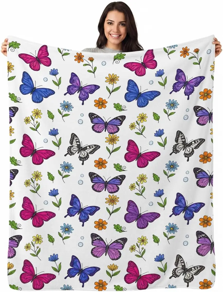 Cartoon Multicolor Butterfly Tiny Floral All Over Print Soft Flannel Blanket Portable Decor Blanket For Bed Living Room Travel