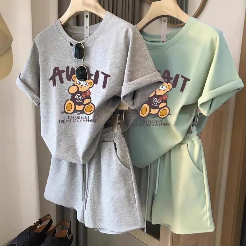 

Summer New plus Size Bear Short Sleeve T-Shirt Shorts Set Loose round Neck Casual Running Comfortable Women's Sportswear