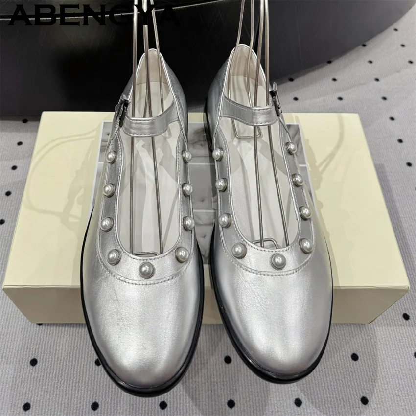 

ABENGYA/лоферы из натуральной кожи, женские туфли с круглым носком и Т-образным ремнем, дизайнерские летние повседневные туфли на плоской подошве, модные женские прогулочные туфли в этническом стиле