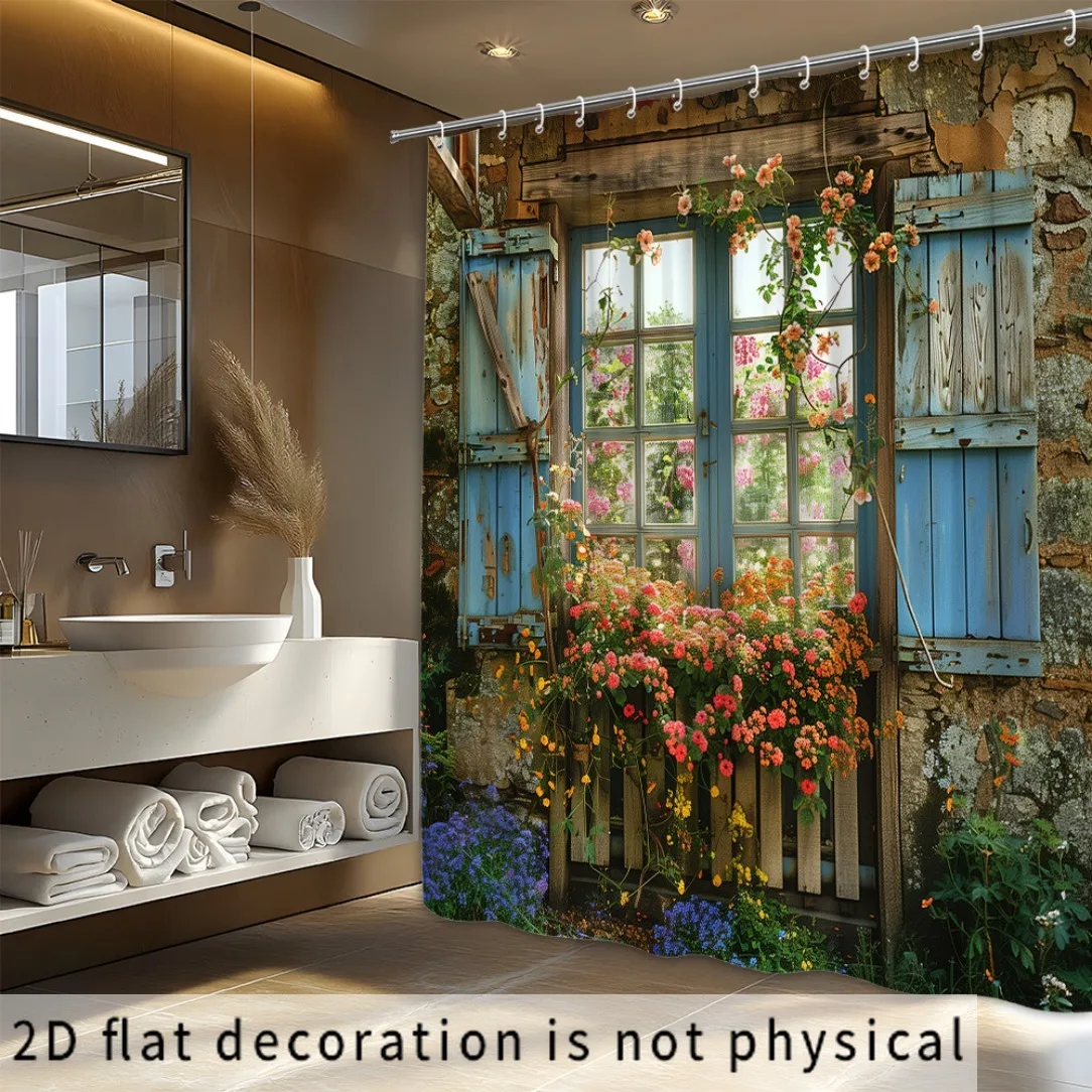2D Flat, 2D Flat Shower Curtain 1pc, Vintage Floral Shower Curtain, Brings a Charming Rustic Style, Adorned with Brightly Colore