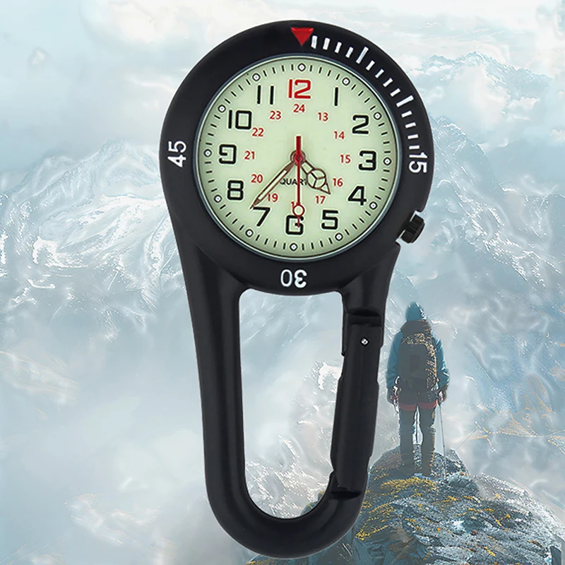 Outdoor Mini Leuchtende Uhr Runden Zifferblatt Arabische Zahlen Quarz Analog Clip Karabiner Haken Uhr Schlüsselring Clip Fob Taschenuhren