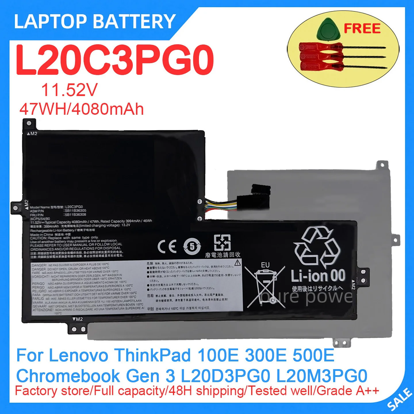New Laptop Battery L20C3PG0 11.52V 47WH 4080mAh High Quality For Lenovo ThinkPad 100E 300E 500E Chromebook Gen 3 L20D3PG0