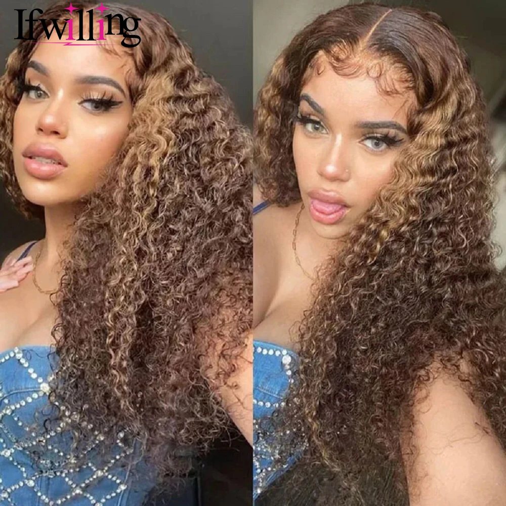 Kinky Curly Pruiken Menselijk Haar Highlight Pruik Ombre Mensenhaar Pruik 4/27 Gekleurd Menselijk Haar Pruiken 250 Dichtheid 13X6 Hd Lace Frontale Pruik