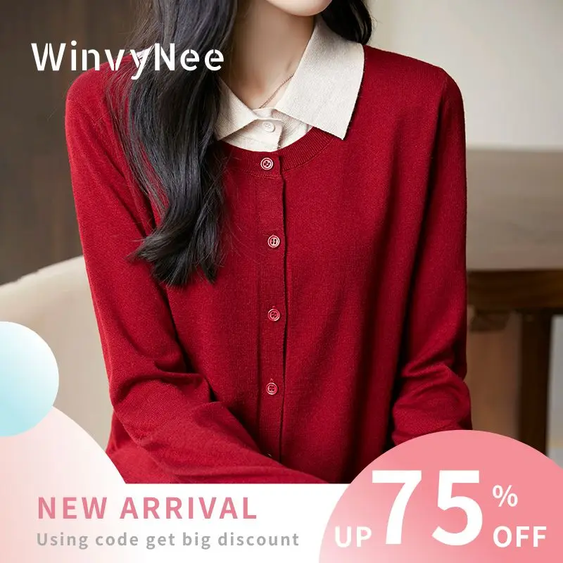 

WinvyNee Women Worsted Wool Polo Collar Two Tone Fake Two Piece Plain Long Sleeve Spring Autumn Soft Casual Cardigans B1757020