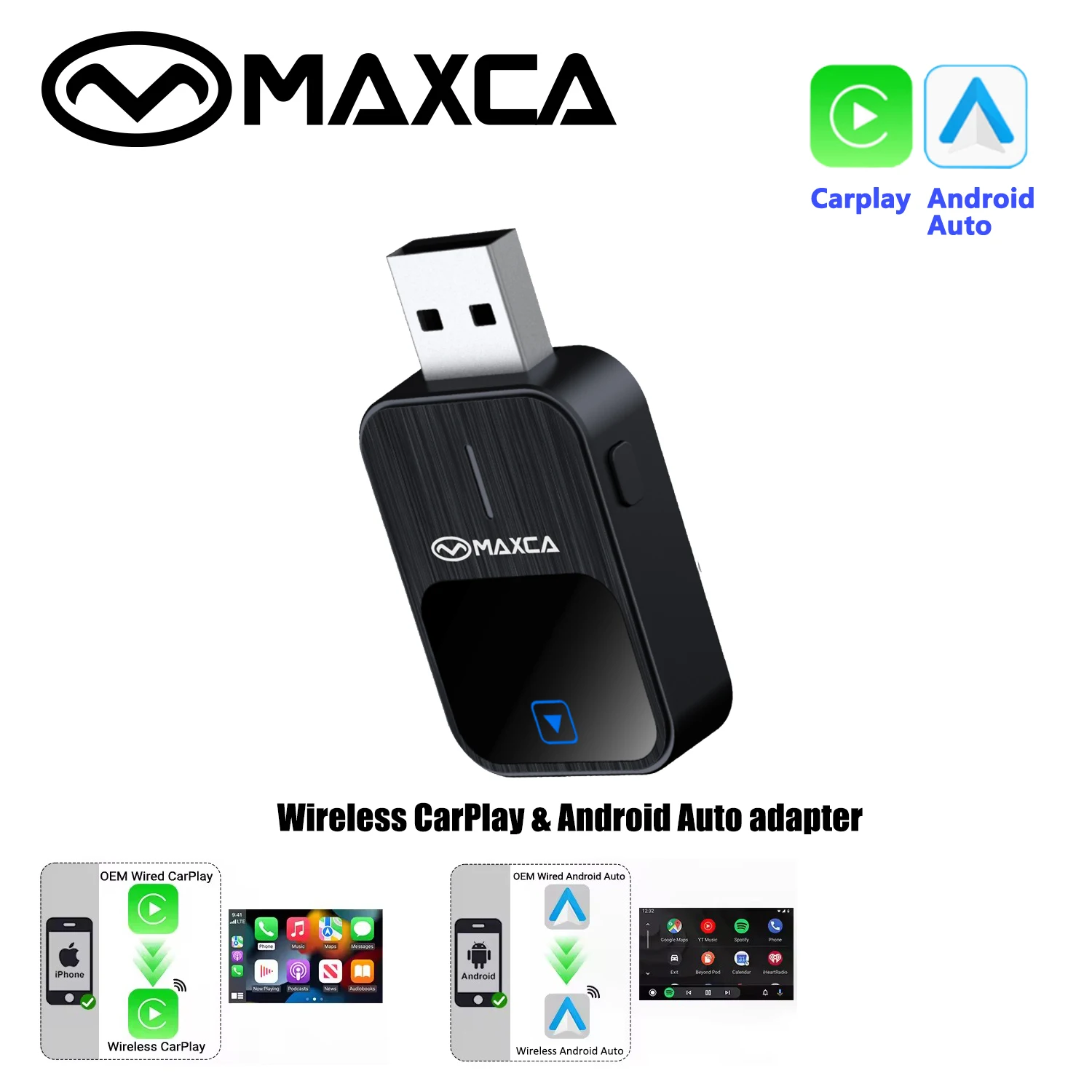 Maxca Wired to Wireless Carplay Adapter 2 IN1 Mini Box Carplay Android Auto Bluetooth WiFi Fast Plug And Play Wireless Carplay 