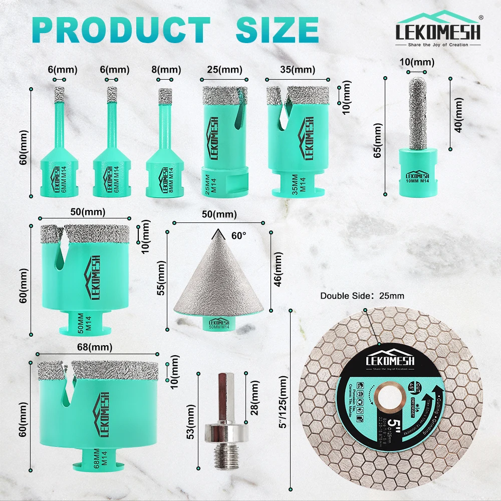 LEKOMESH 11Pcs Diamond Drill Core Bit Sets Dia6-68mm Tile Hole Saw Opener+ 50mm Chamfer Bit+Dia125mm Cutting Blade M14 Tool Kit view 4