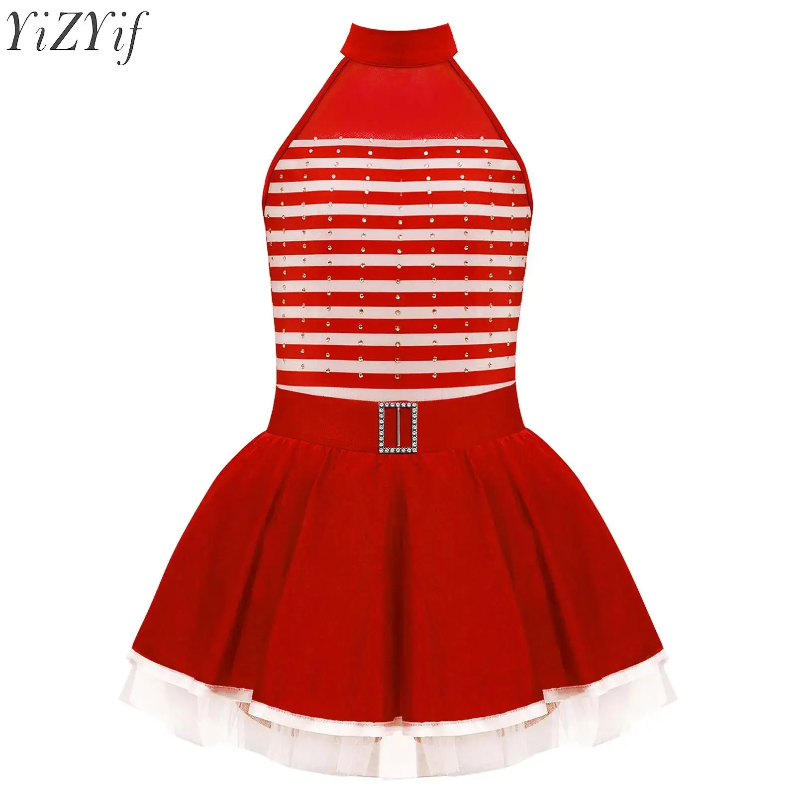 

Kids Girls Ballet Leotard Dress Rhinestones Lyrical Dancewear Sheer Mesh Striped Figure Ice Skating Dress for Stage Performance