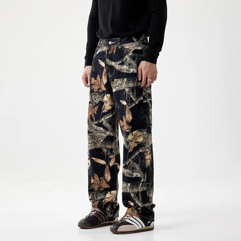 Men's Fashion High Street Oversized Hip Hop Jeans Pants Leaves Printed Denim Trousers Loose Fit Vibe Style Y2K Graffiti Jeans