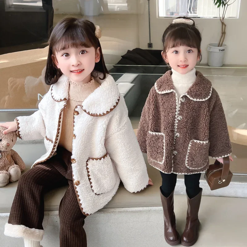 

Пальто для девочек, осень-зима 2024, новая мода, шерстяной свитер для маленьких девочек, утепленное пальто, детский топ среднего размера, повседневный