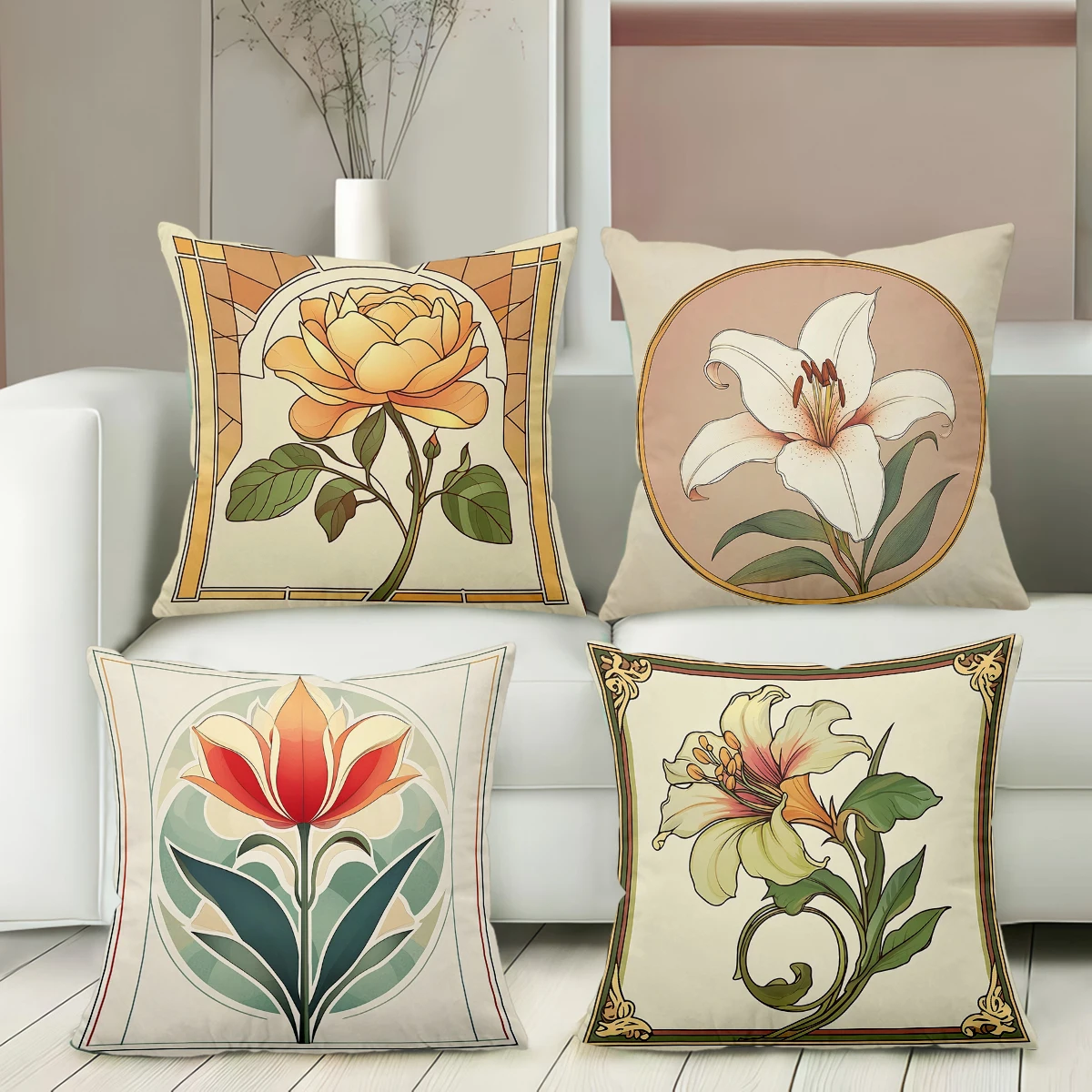 Floral Patterned Throw Pillows Art Nouveau Style Polyester Pillowcase, Sofa Decorative Cushion Cov Headboard Pillow
