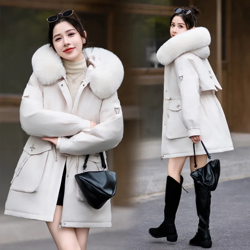 

Parker Cotton Jacket Women Removable Inner Liner Mid Long Winter Jacket Hooded Fur Collar Down Cotton Coat Female Windbreaker