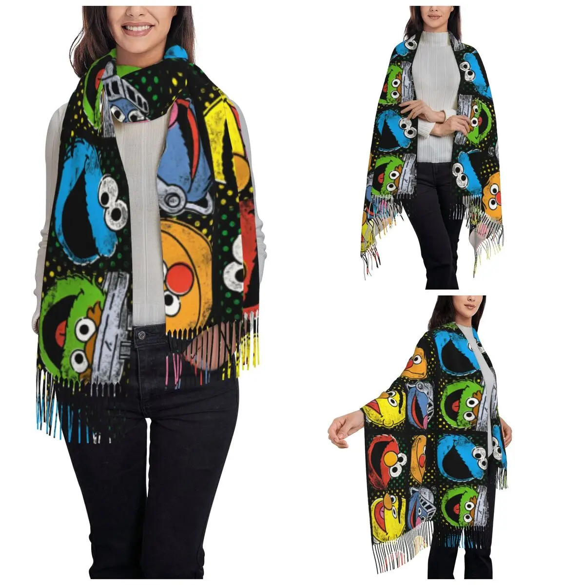 Sesame Street Group Squares Scarf for Women Winter Fall Cashmere Shawl Wrap Cookie Monster Long Shawl Scarf for Evening Dress