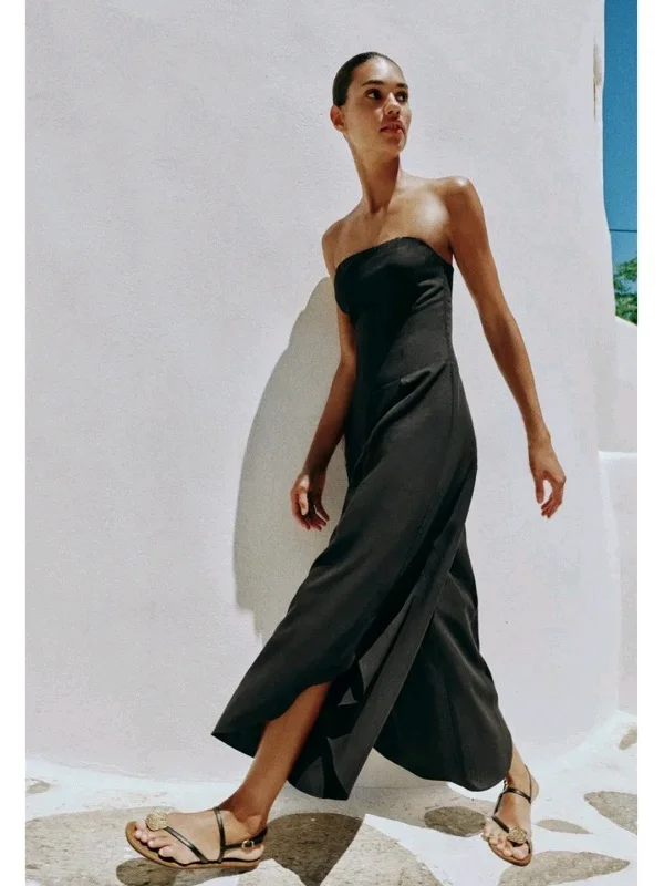 Summer Women's Wide Leg Jumpsuit Asymmetrical Hem Gown Decoration Straight Collar Tube Top High Waist Diamond Embellished