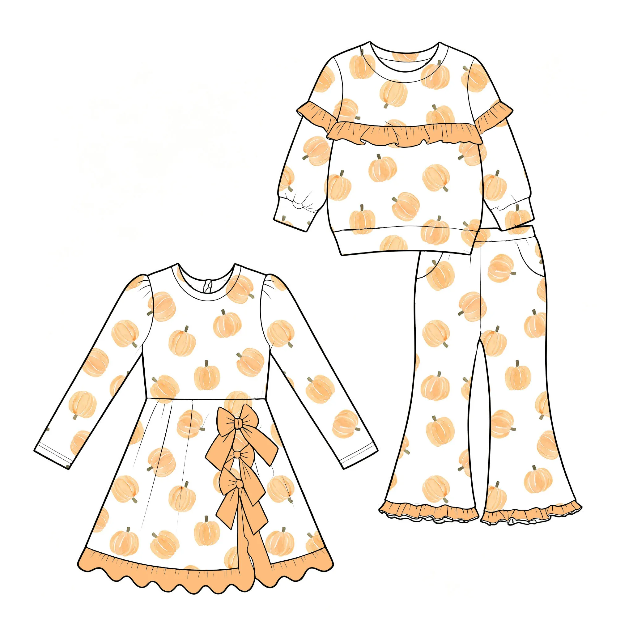 Boutique Girls' Dresses and Sets Long-style Thanksgiving Day Bow Decoration Pumpkin Print Custom Wholesale