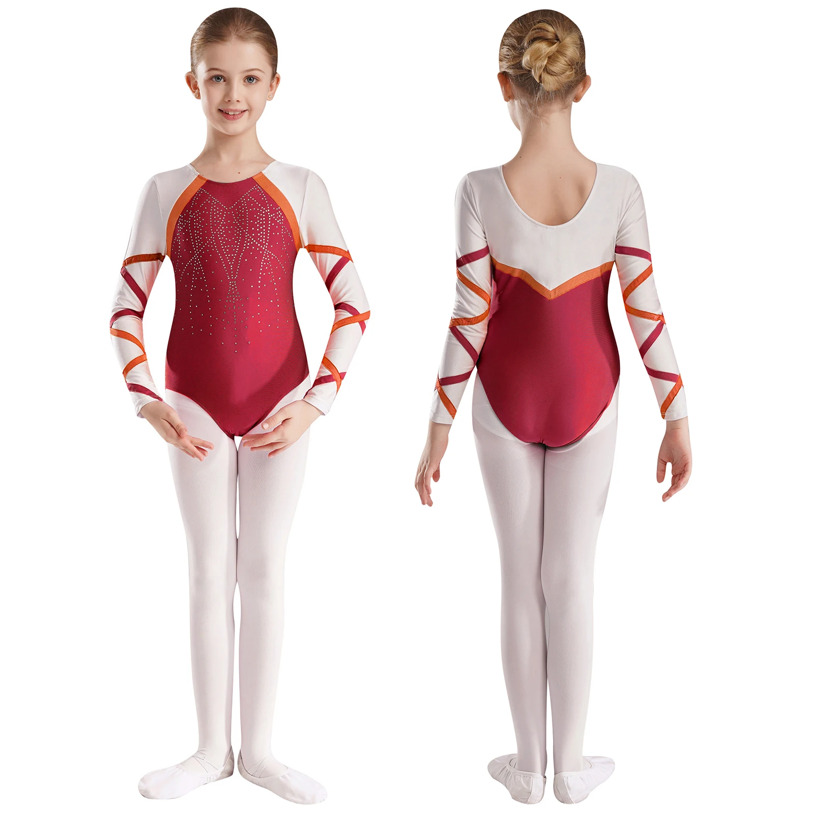 

Kids Girls Rhythmic Gymnastics Leotards Shiny Rhinestones Sheer Mesh Patchwork Skirted Bodysuit Figure Skating Workout Dancewear