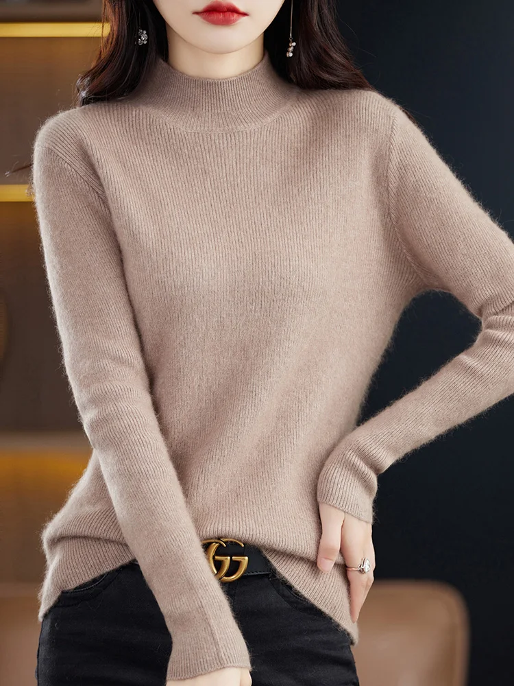 Mini Star Women Cashmere Sweater Mock Neck Pullovers 100% Mink Cashmere Knitwear Striped Basic Solid Autumn Winter Clothing Tops