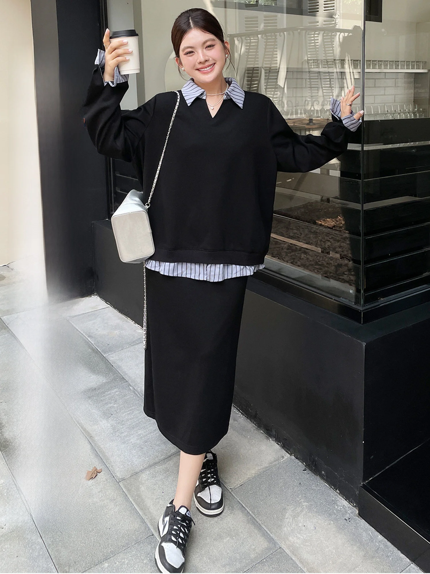 

Стильный комплект для женщин больших размеров в корейском стиле: худи и юбка с высокой талией, в полоску, с длинными рукавами, повседневный, для подростков, модный, на раннюю весну