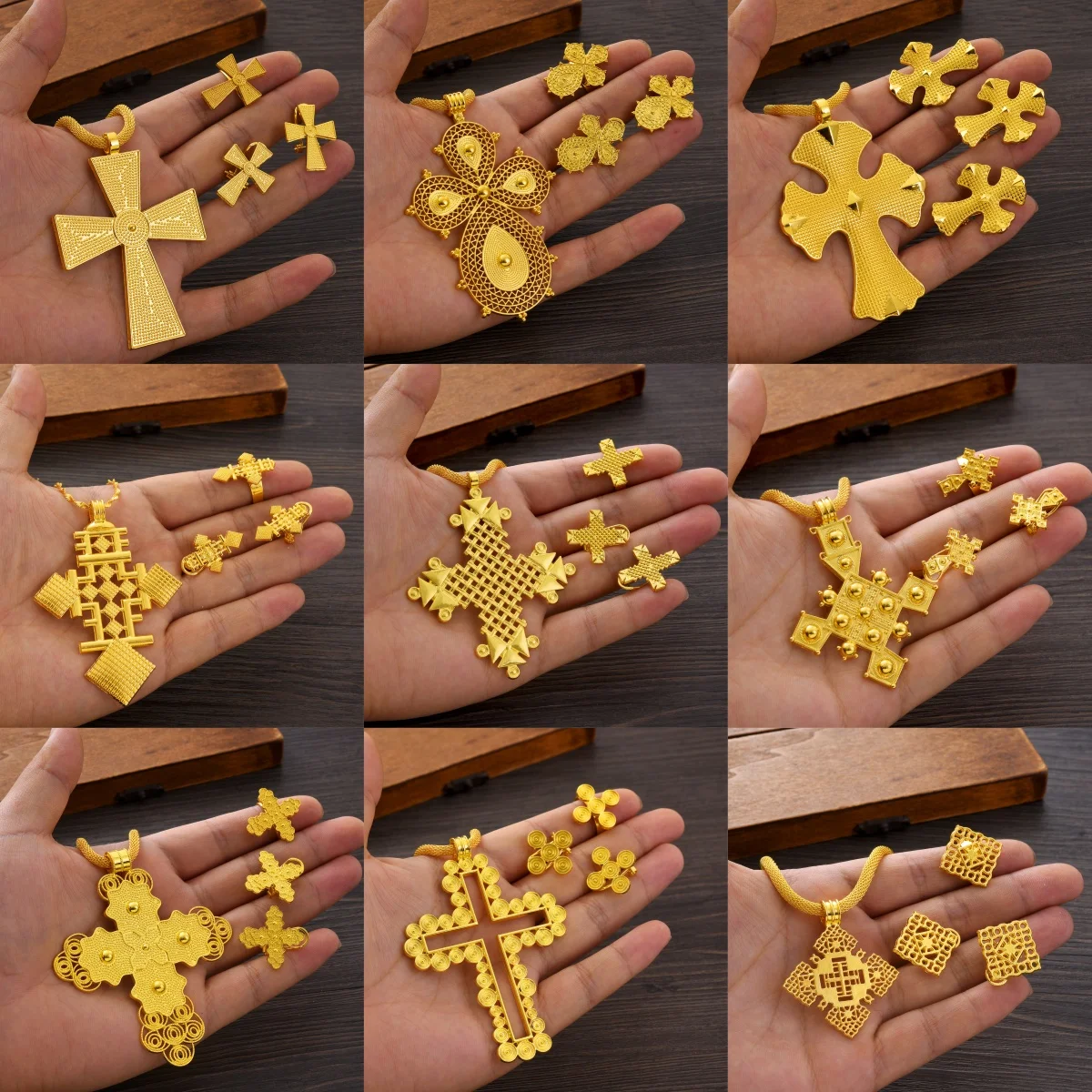 Discount Ethiopian Cross Jewelry Sets Multiple Ring Earring Necklace 3-Piece Set African Eritrean Wedding Engagement Gifts #176