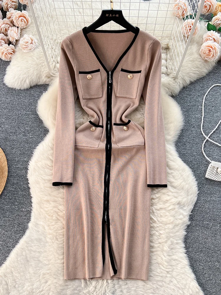 Croysier Winter Dresses Woman Contrast Trim V Neck Golden Buttons Patch Pockets Elegant Midi Dress Zip Up Long Sleeve Knit Dress