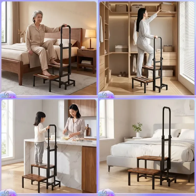 2 Step Ladder Stool with Armrest Folding Kitchen Step Stool for Elderly Kids Safety Climbing Chair Auxiliary Table Home