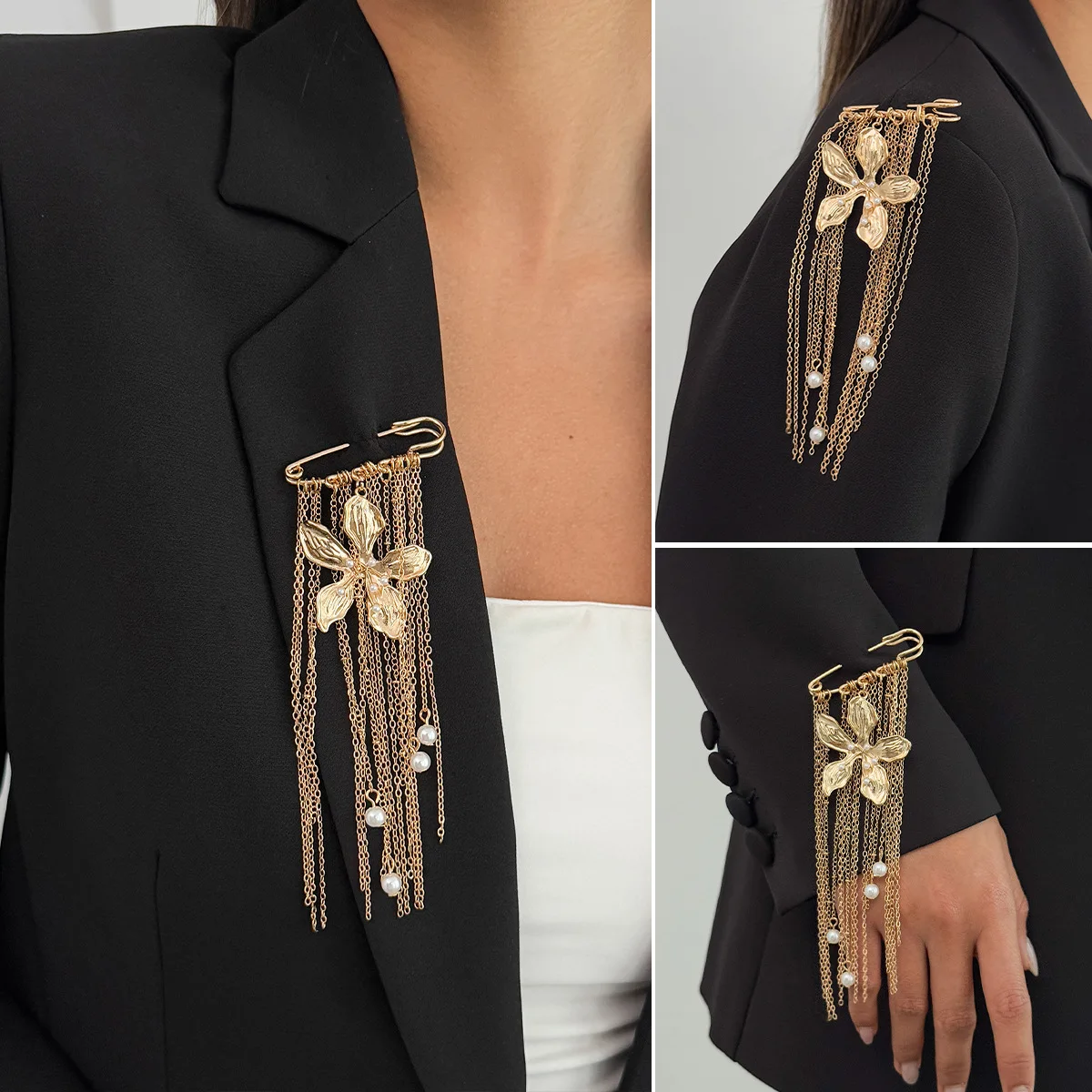 Neue Modische Metall-Blumenbrosche Elegante Perlen-Quastenkette Anstecknadeln für Damen Anzug Mantel Abzeichen Accessoires Schmuck Geschenke