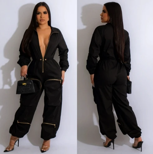 Women's Jumpsuit Casual Fahsion Waist Strap Belt Long Sleeve Workwear Jumpsuit Metal Zipper Flip Neck Bread Bag Cargo Pants