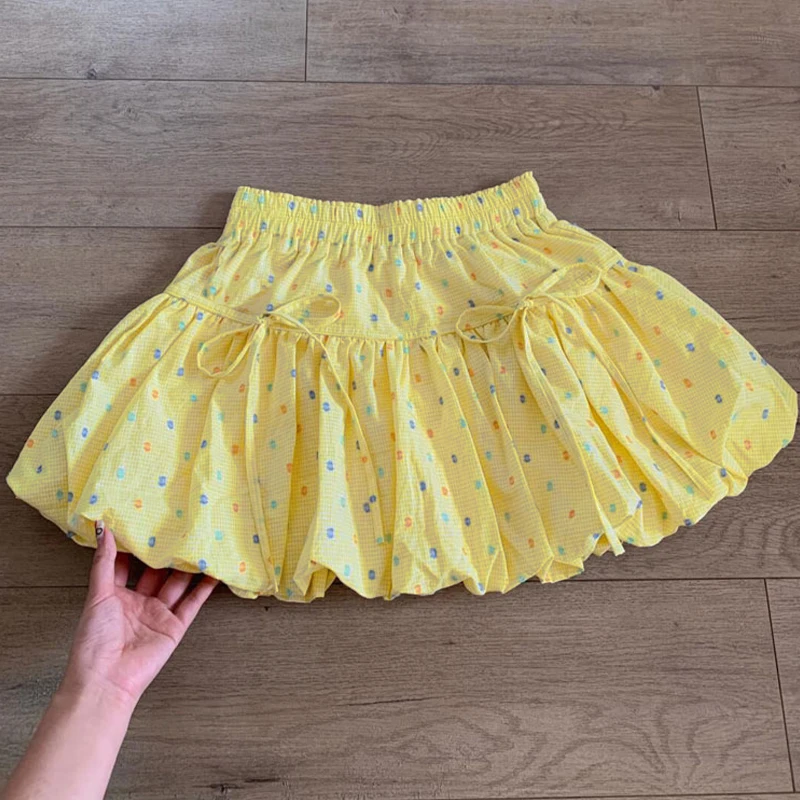 Yellow Polka Dot Short Dress Flower Bud Women's Short Dress Summer 2024 New Bow Sweet A-Line Dress