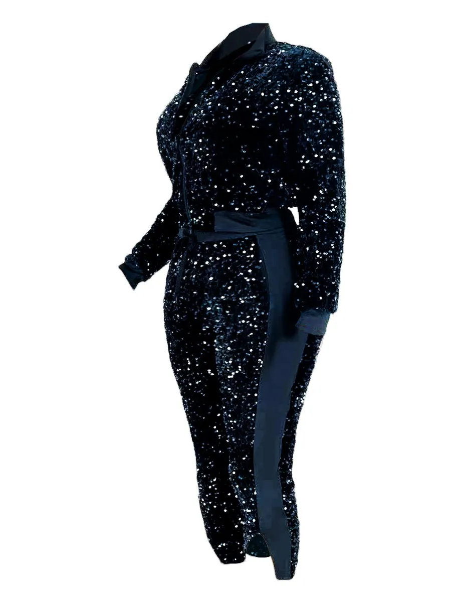 LW – ensemble pantalon à paillettes et fermeture éclair pour femme, tenue de soirée et boîte de nuit, couleur argent, à la mode, grande taille