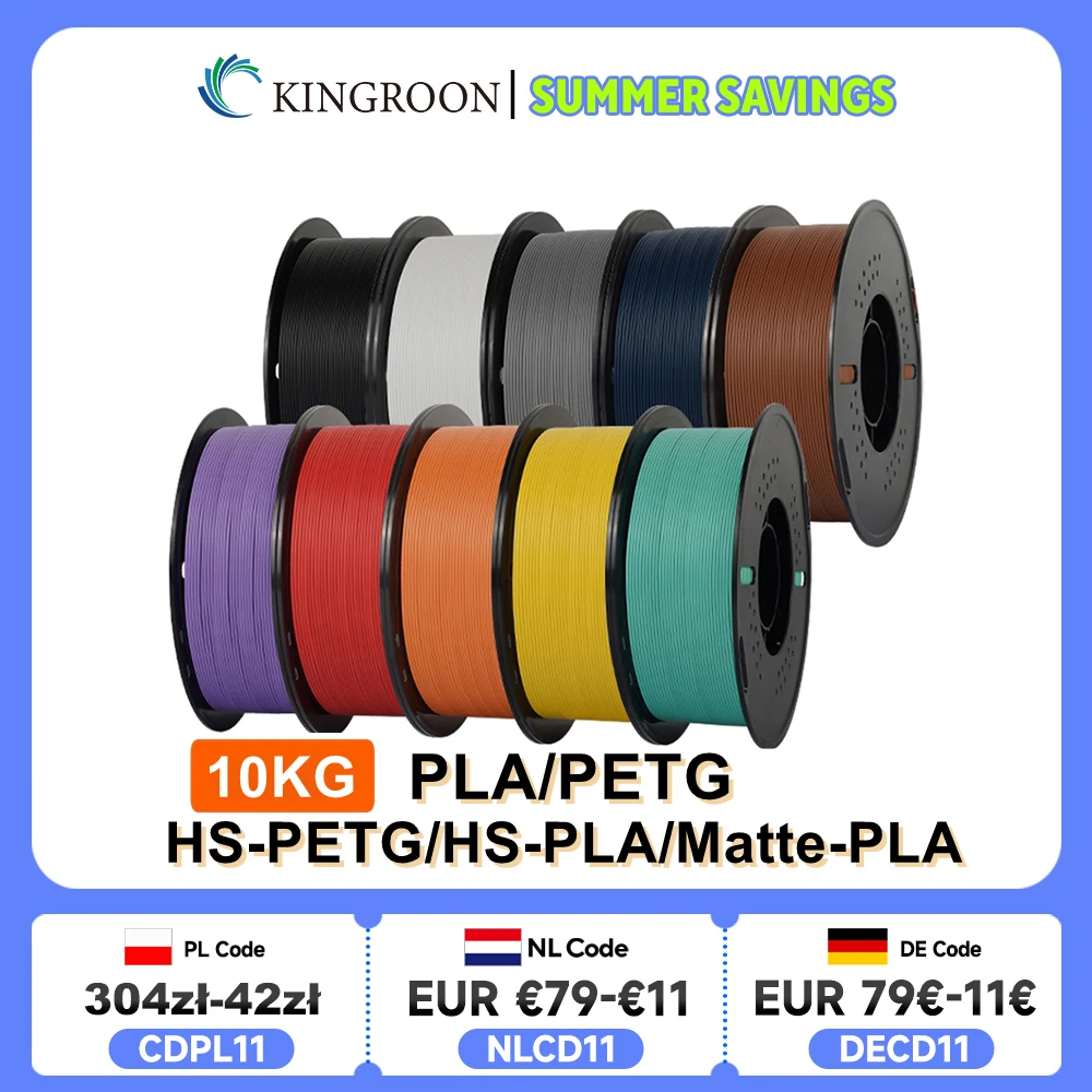 

KINGROON 10KG(22LBS) PLA PETG HS-PLA HS-PETG Filament 1.75mm High Speed 3D Printer Material Matte PLA 1kg*10 Roll Mix Color