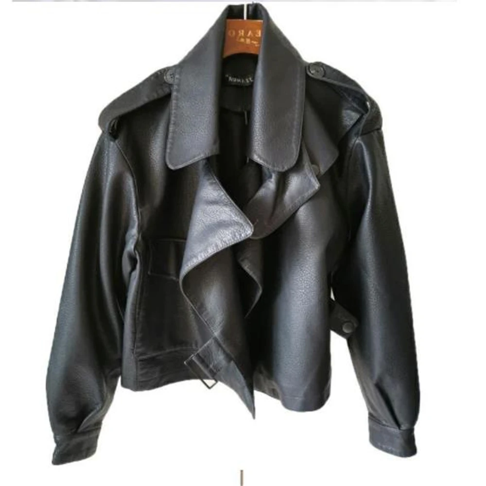 Women's Faux Leather Biker Jacket Black Coat Turndown Collar PU Motorcycle Jackets Loose Streetwear Outerwear Spring Tops New