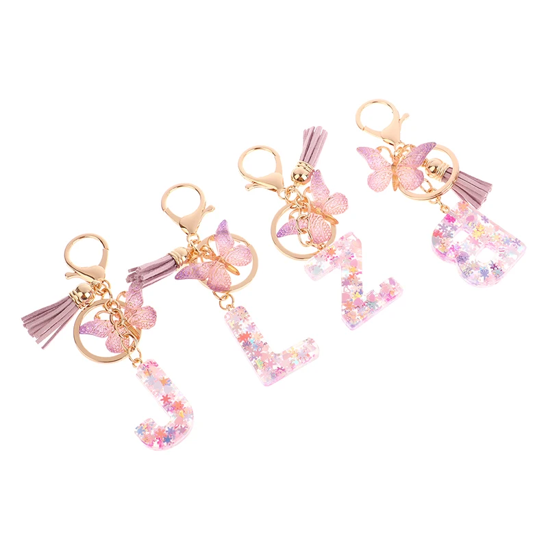 A-Z Dreamy Sequin Letters Keychain For Women Tassel Butterfly Pendant Initial Keyring Purse Suspension Bags Charms Car Key Chain