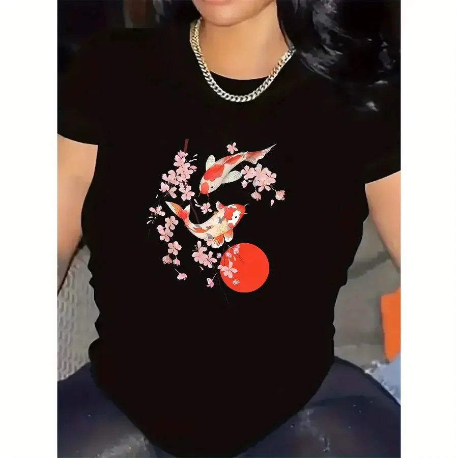 

【New style】T-Shirt With Koi Fish Design Durable And Lightweight Fabric Comfortable Fit For Daily Use Ideal For Indoor And Outdo