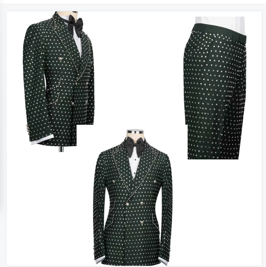 

Stone Crystals Glitter Men Suits Set 2 Pieces Green Blazer+Pants Trousers Wedding Tuxedos Jacket Formal Office Business Coat