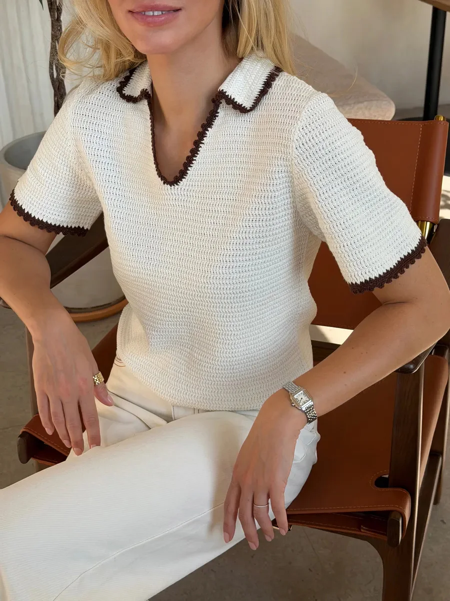

LIMO Women's Knit Polo Shirt Short Sleeve V-Neck Lace Trim Casual Summer Basic Top Elegant Chic Daily Tee