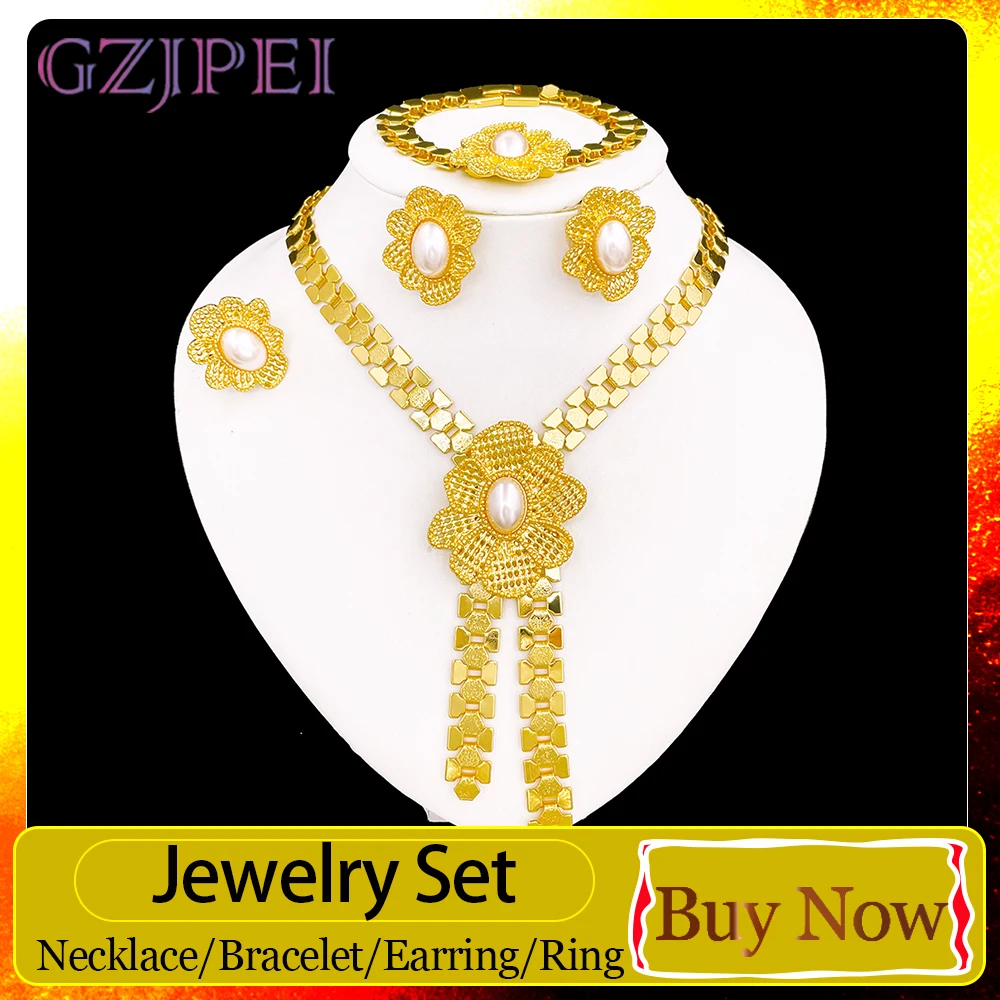 

Набор ювелирных украшений GZJPEI, 4 предмета, золотистого цвета, имитация жемчуга: колье, браслет, серьги, кольцо. Для женщин, подарок на праздник. Новинка 2026 года.