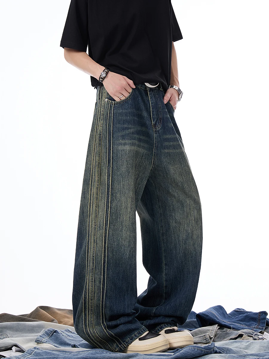 Американские джинсы в стиле ретро, мужские летние тонкие модные широкие брюки, молодежные модные джинсы свободного покроя прямого кроя